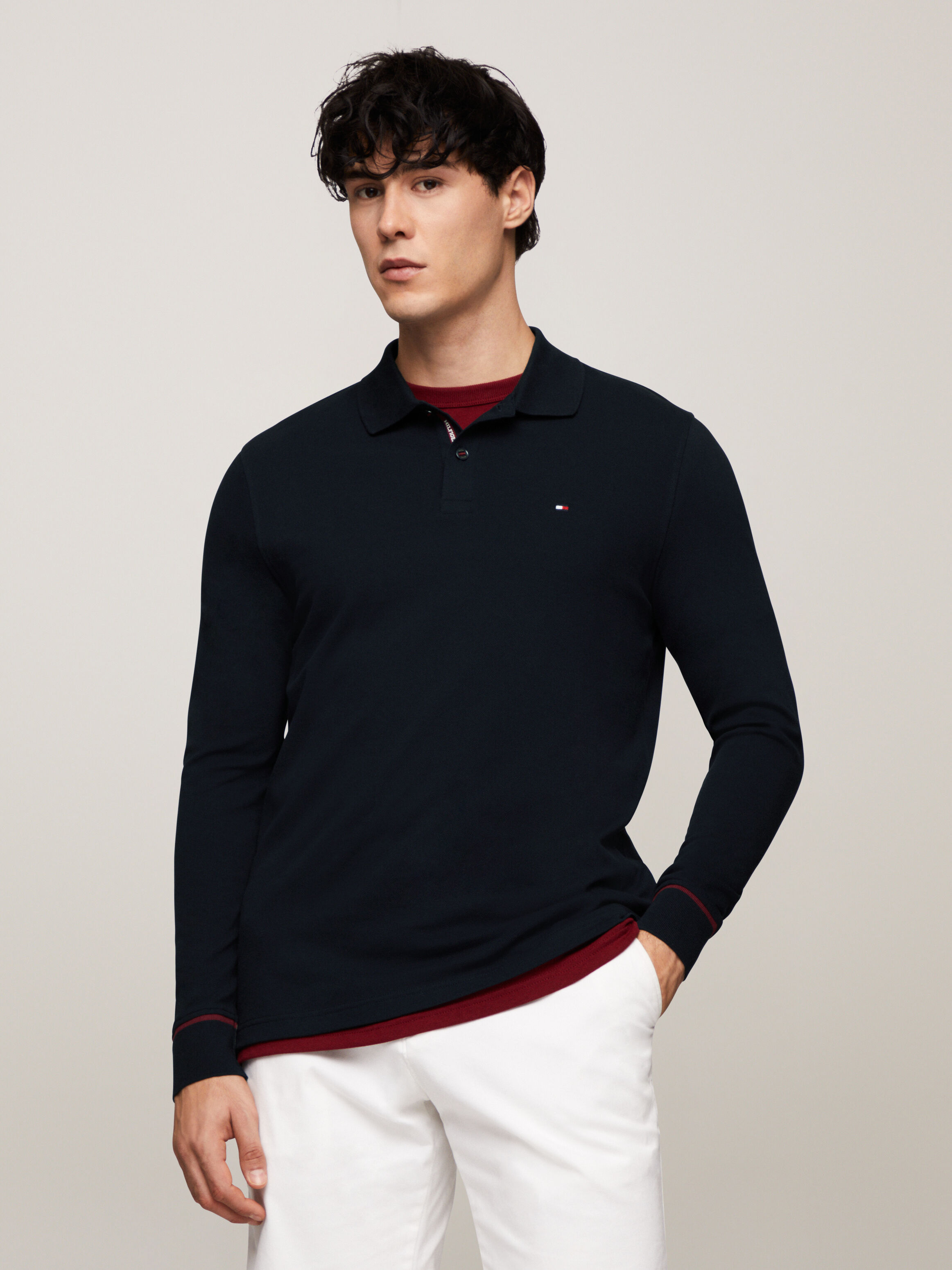 Tommy Hilfiger Logo Placket Long Sleeve Polo in Desert Sky