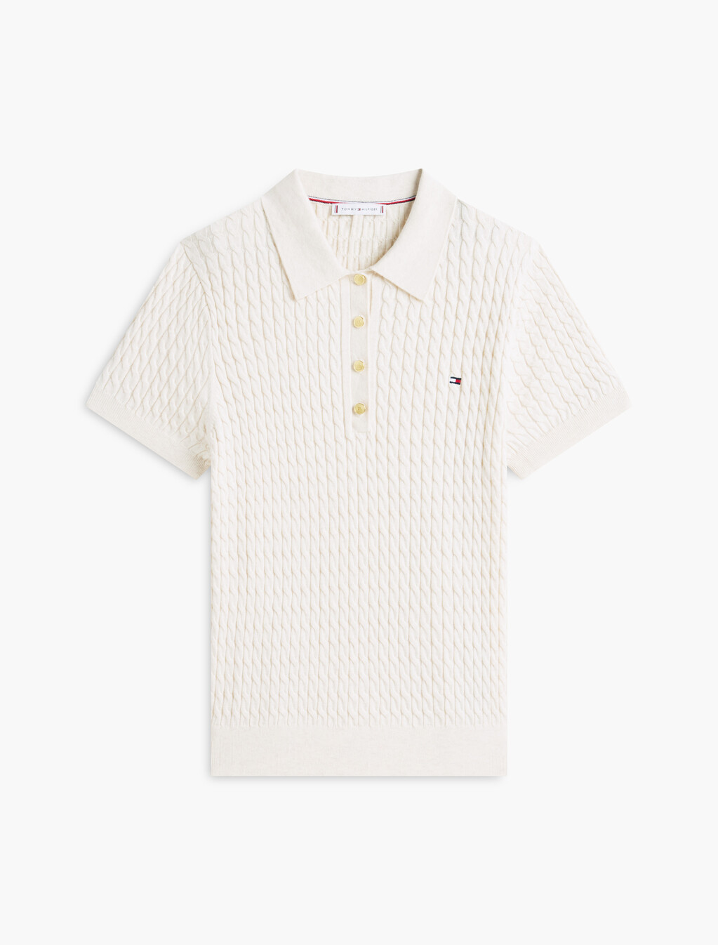 Fine Gauge Cable Knit Polo  Short Sleeve Jumper, Heather Ivory Petal, hi-res
