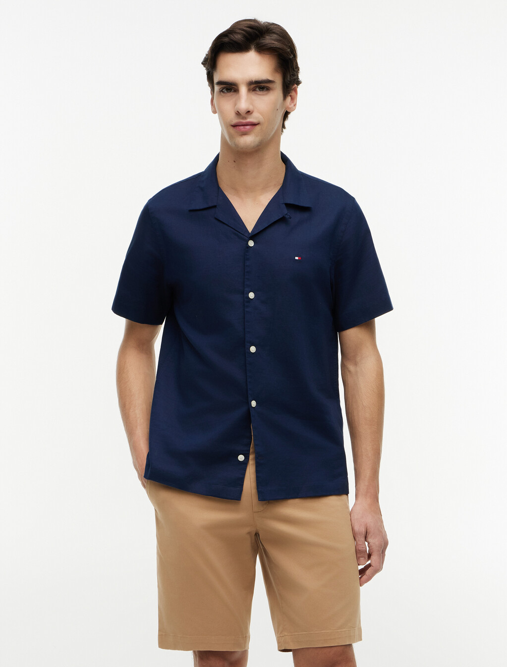 Regular Fit Linen Blend Short Sleeve Shirt, Carbon Navy, hi-res