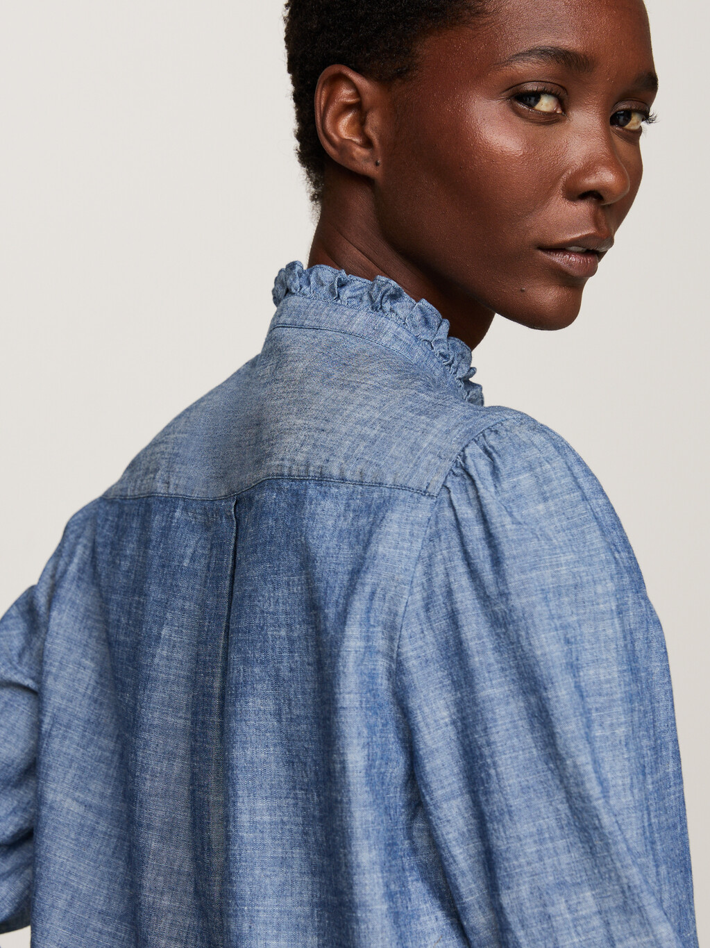 Ruffle Relaxed Chambray Shirt, Mid Blue Chambray, hi-res