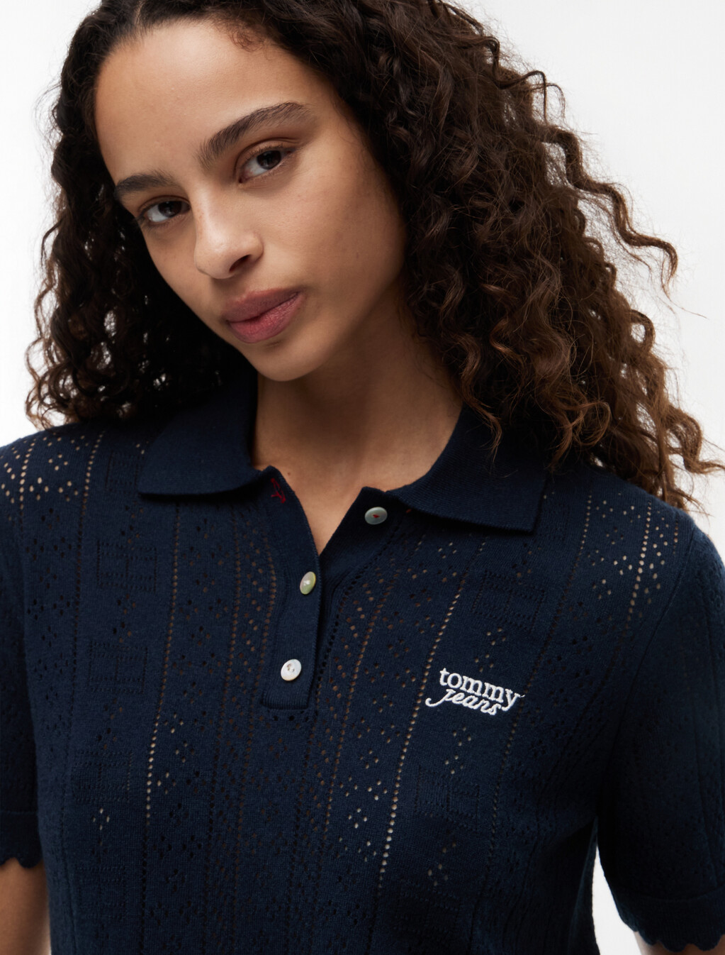 Pointelle Flag Short Sleeve Polo Jumper, Dark Night Navy, hi-res