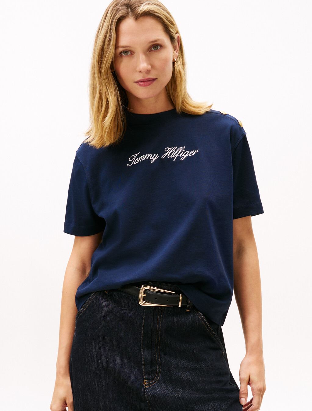Gold-Tone Button Logo Embroidery Relaxed T-Shirt, Dark Night Navy, hi-res
