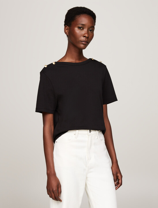 Stripe Boat Neck Relaxed T-Shirt, Black Stripe Boat Neck Relaxed T-Shirt