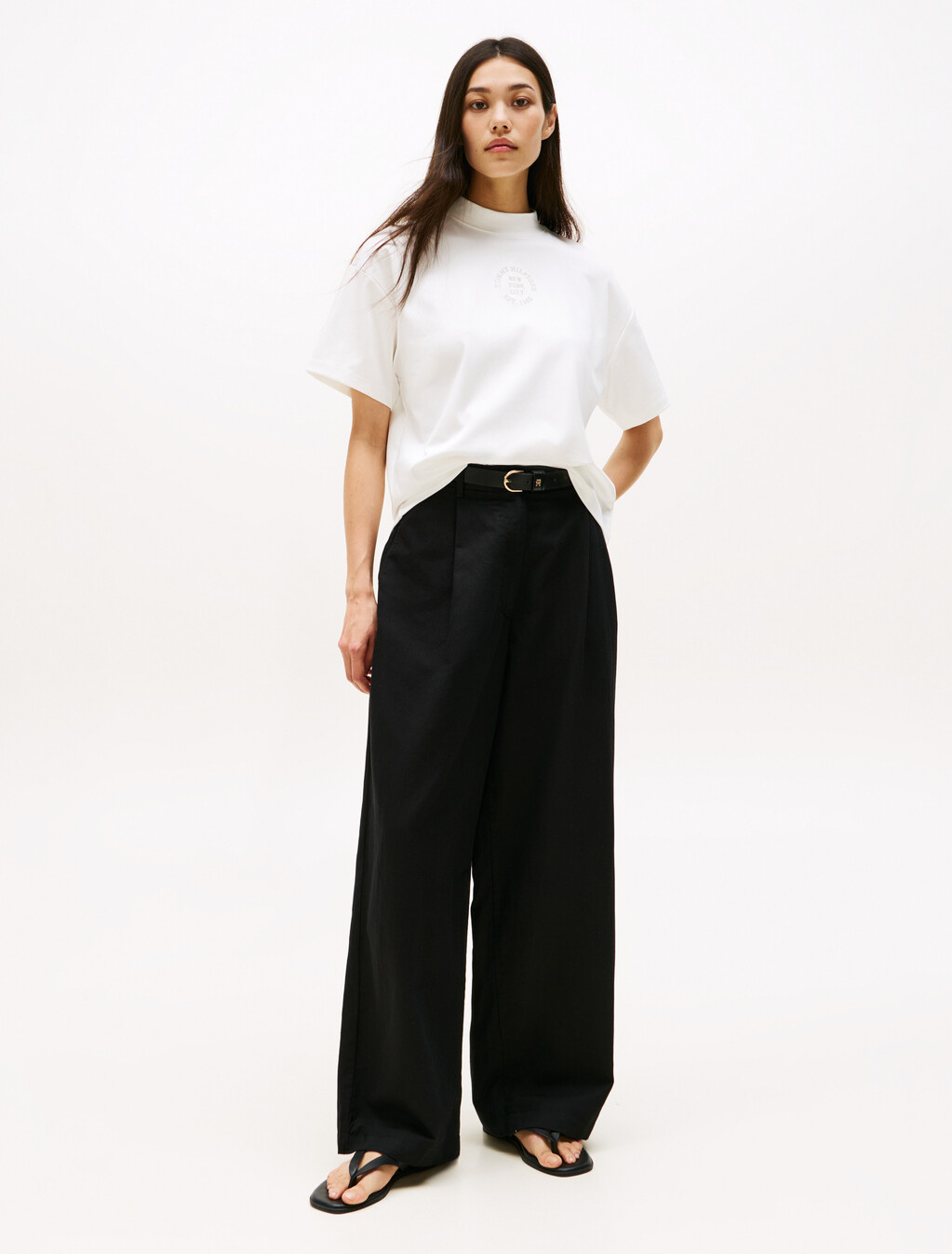 Stamp Print Relaxed Mock Neck T-Shirt, Ecru, hi-res