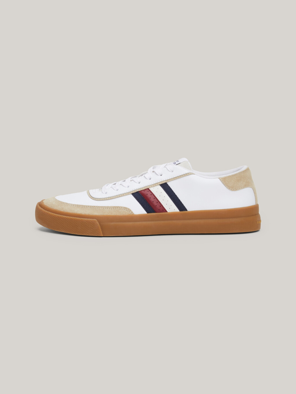 Mixed Texture Leather Cupsole Trainers, White, hi-res