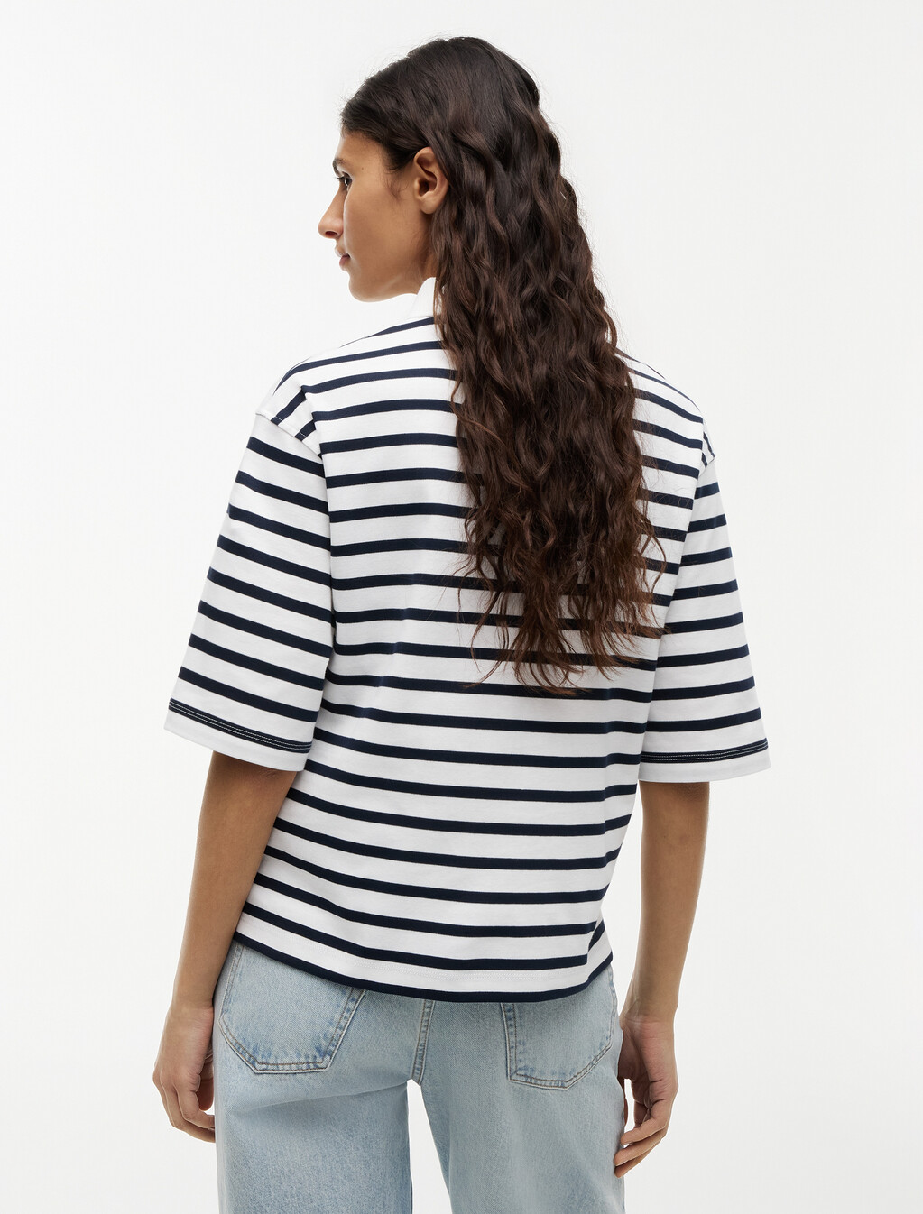 Relaxed Fit Interlock Knit Polo Shirt, Breton Stripe Ecru/Dark Night Navy, hi-res