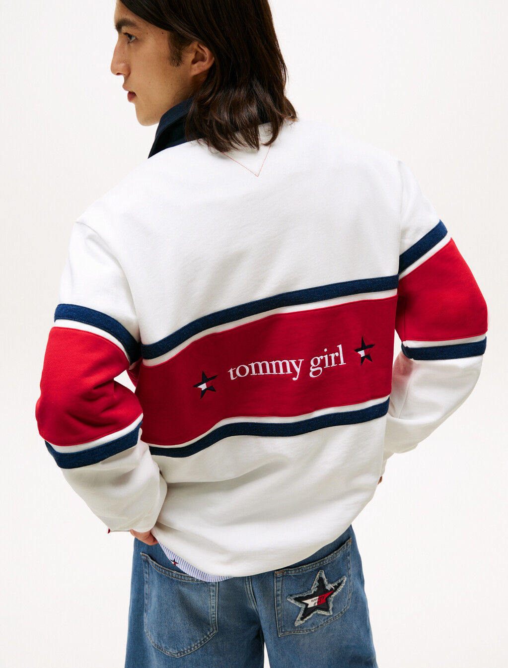 Tommy Girl Back Logo Relaxed Stripe Rugby Shirt, Ecru, hi-res