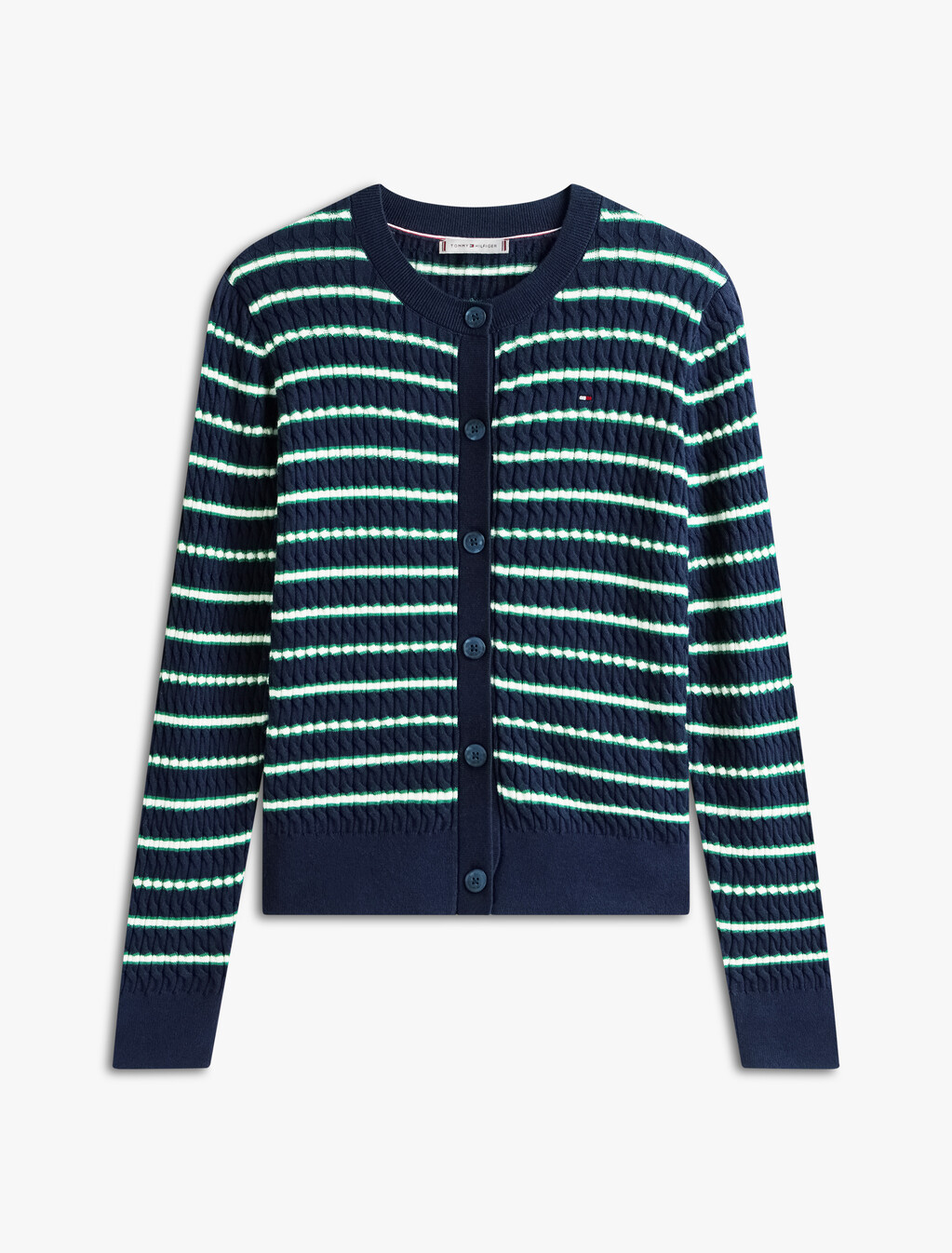 Fine Cable Knit Crew Neck Cardigan, Navy/Nouv Green/Calico Multi Stp, hi-res