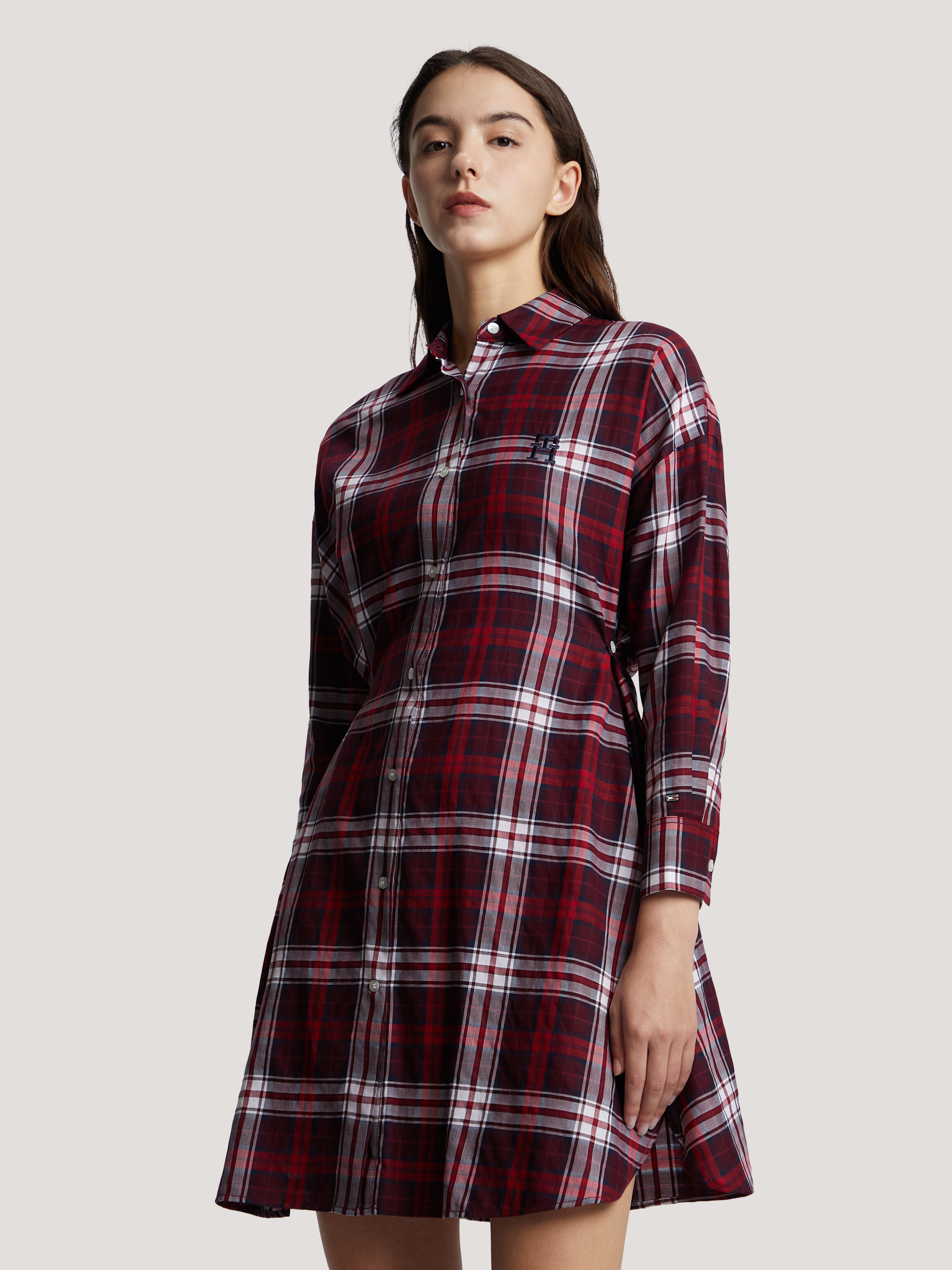 Red plaid button up dress on sale