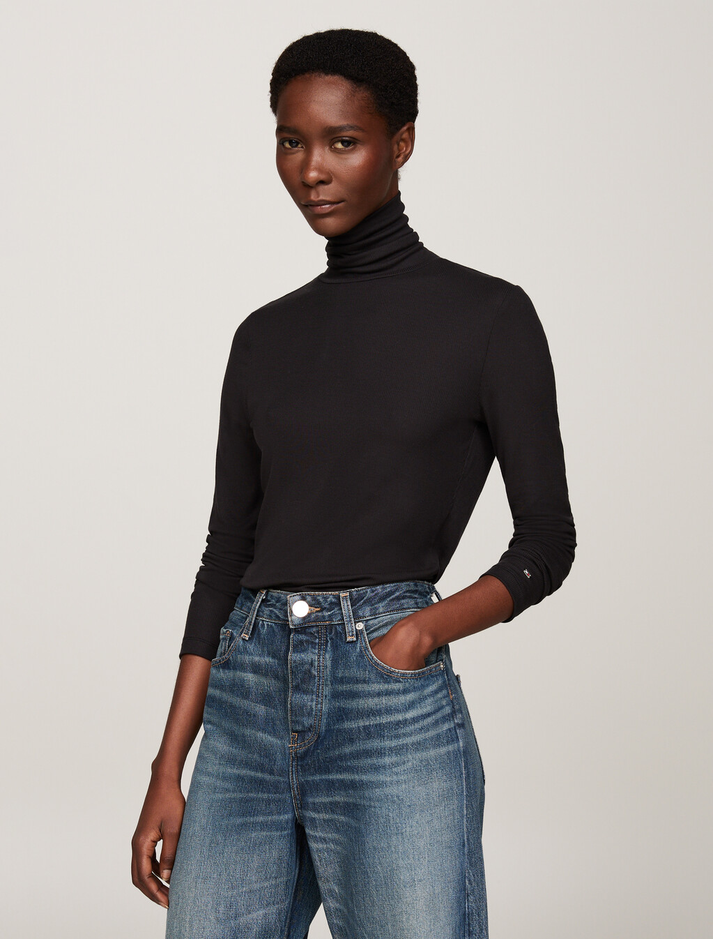 Roll Neck Long Sleeve Slim T-Shirt, Black, hi-res
