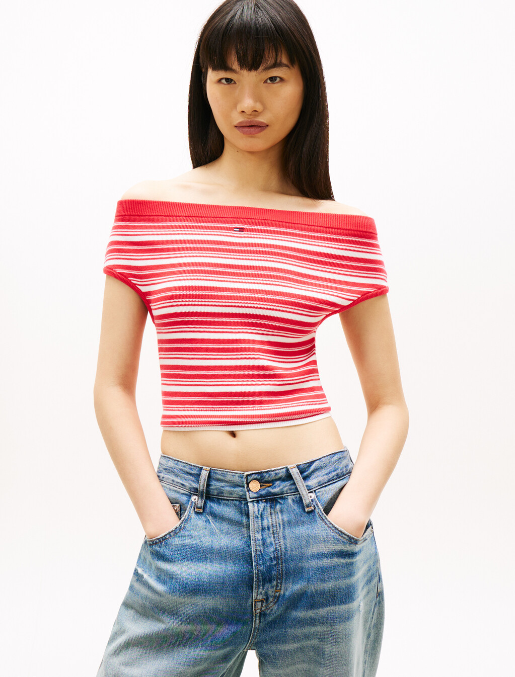 Stripe Off-The-Shoulder Slim Jumper, Red Alert, hi-res
