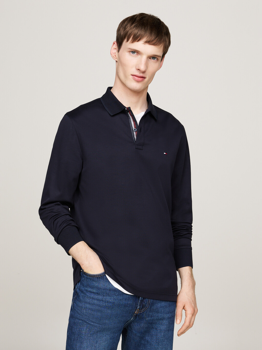 Jacquard Long Sleeve Polo Shirt, Desert Sky, hi-res