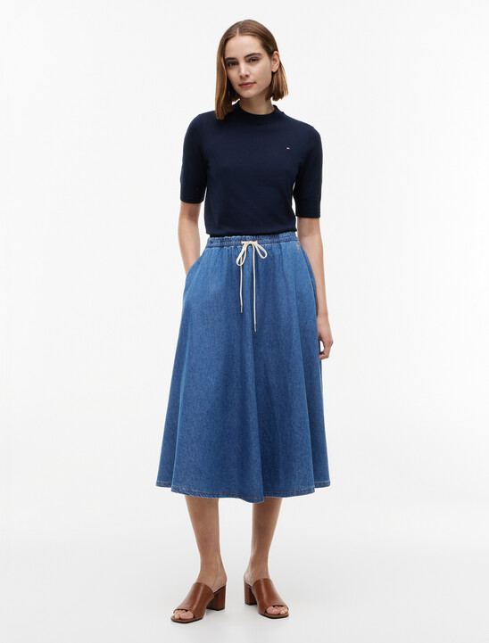 Logo Relaxed Denim Flared Midi Skirt