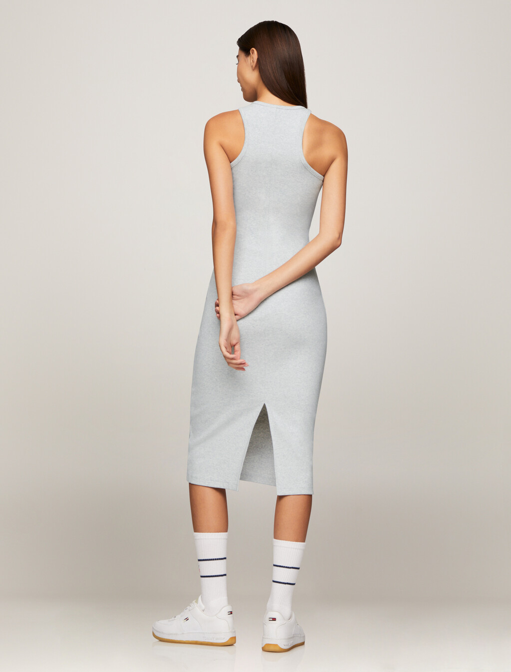 Rib Knit Flag Badge Racer Dress, Silver Grey Htr, hi-res