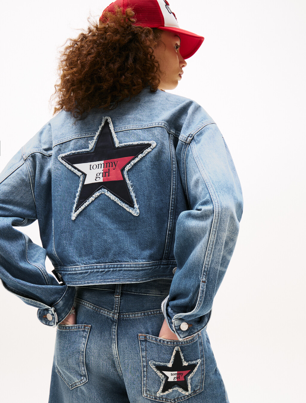 Tommy Girl Back Logo Cropped Oversized Denim Jacket, Indigo Wash, hi-res