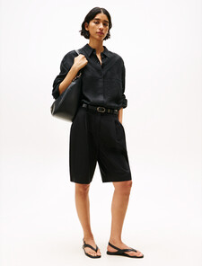 Wide Leg Bermuda Shorts With Linen, Black, hi-res