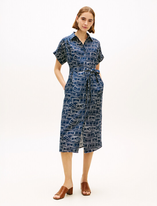 Linen Belted Short Sleeve Knee Length Shirt Dress