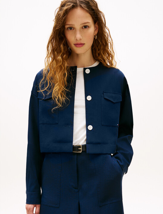 Tailored Collarless Boxy Short Utility Jacket