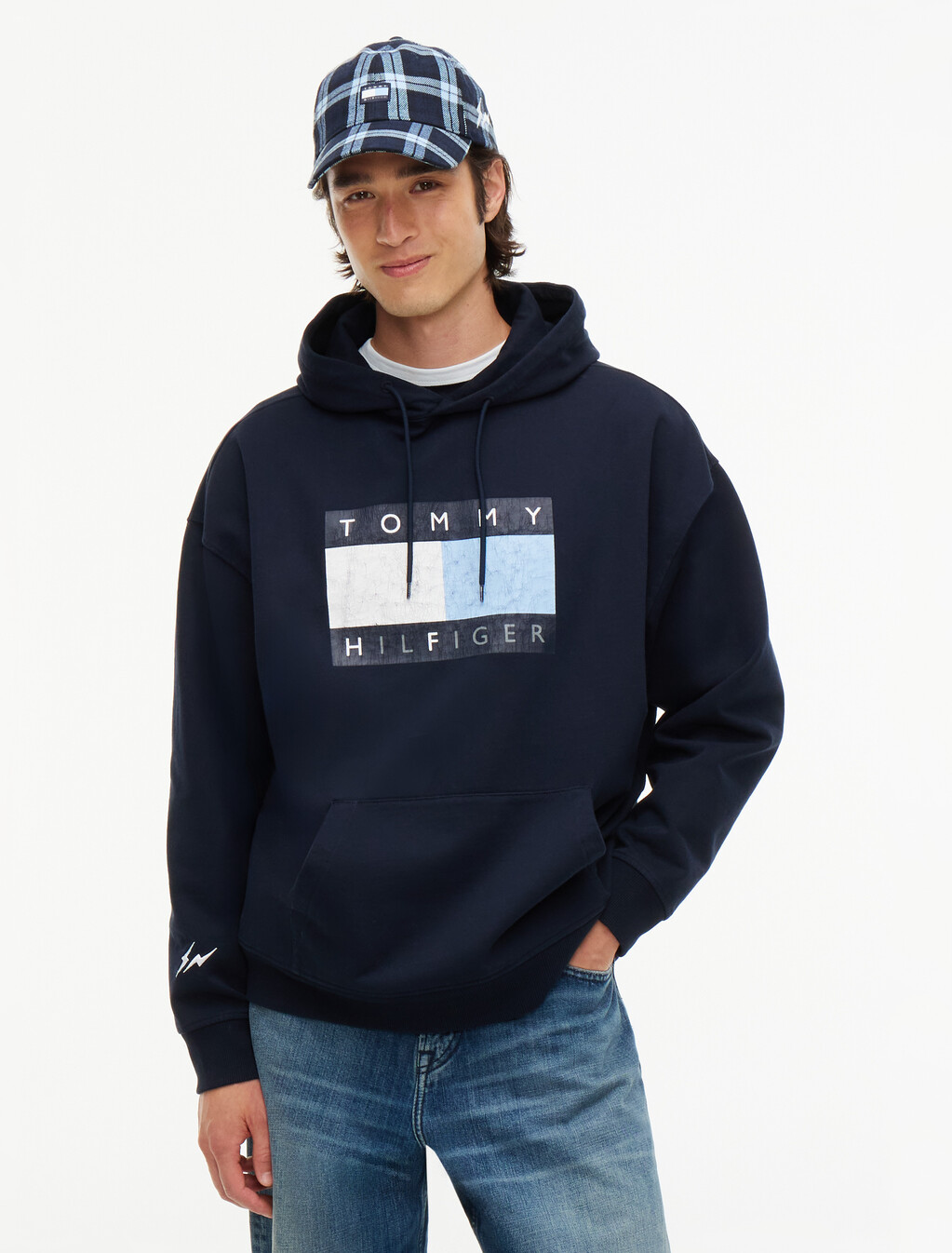 Washed Flag Logo Fleece Relaxed Hoody, Navy Blue, hi-res