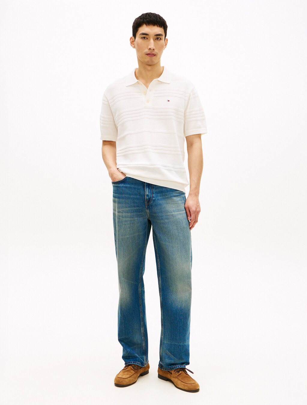 Cotton Blend Short Sleeve Polo, Ivory Petal, hi-res