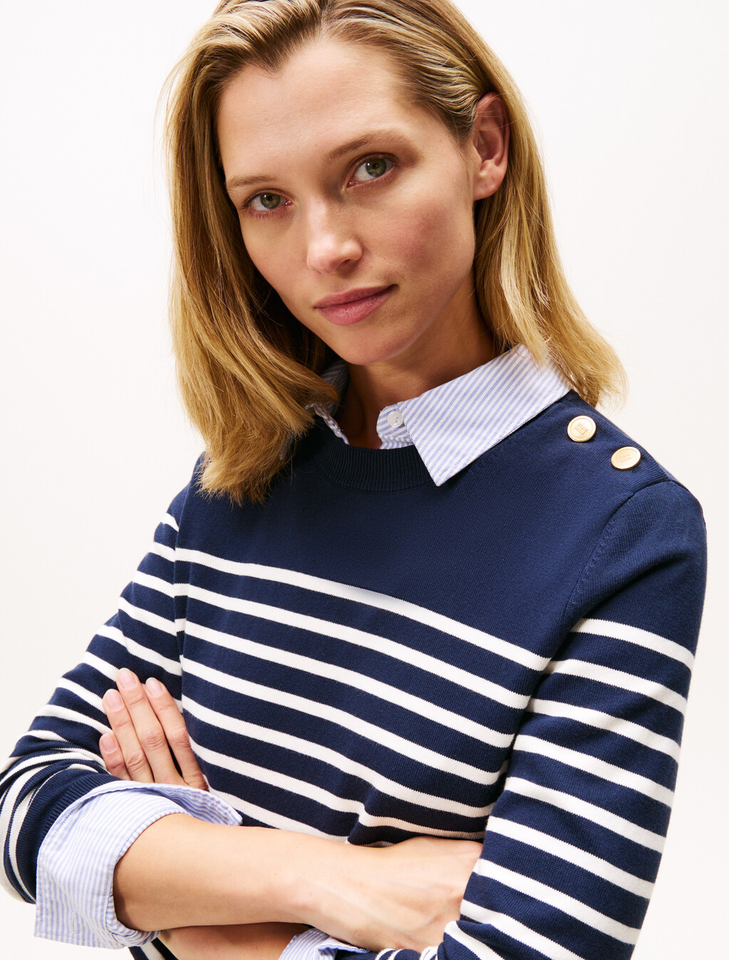 Jersey Gold-Tone Button Jumper, Placed Thin White Stp Sweaters, hi-res
