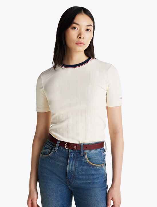 Rib-Knit Contrast Collar Slim T-Shirt