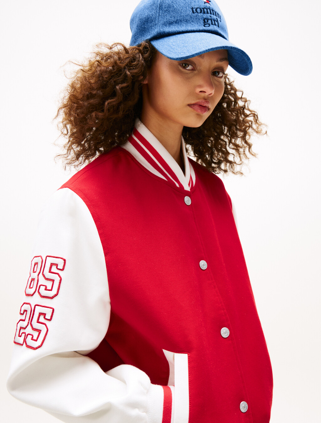 Tommy Girl Back Logo Oversized Varsity Jacket, Primary Red / Ecru, hi-res