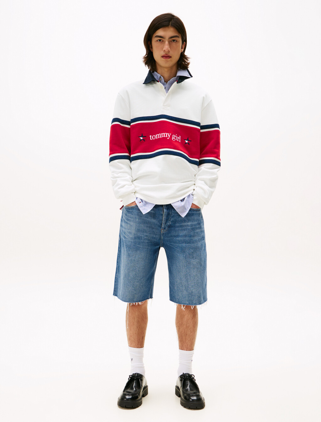 Tommy Girl Back Logo Relaxed Stripe Rugby Shirt, Ecru, hi-res