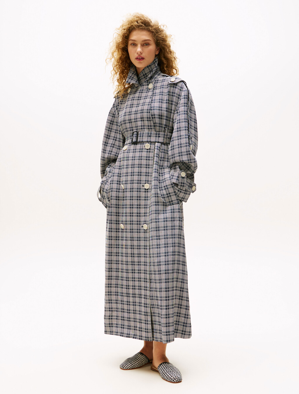 The Runway Collection Silk Blend Oversized Trench Coat, Navy Cream Check, hi-res