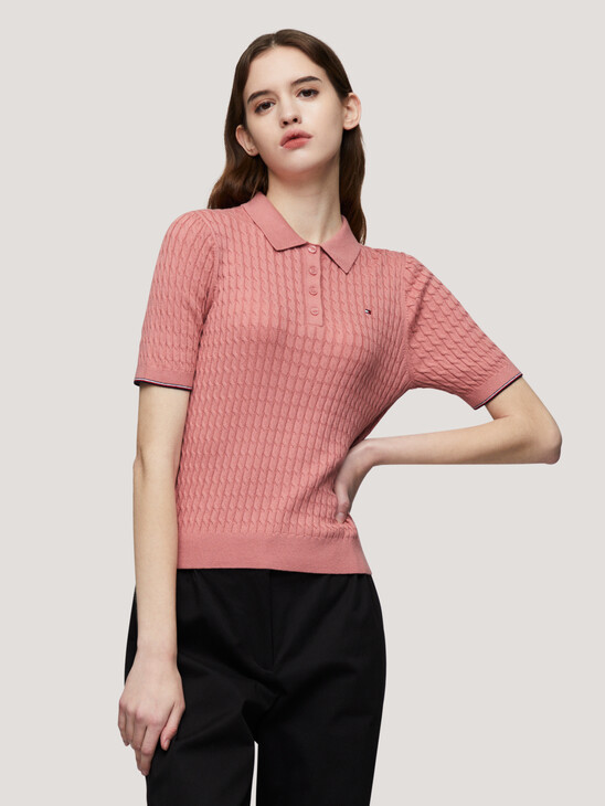 Cable Knit Slim Short Sleeve Polo Jumper