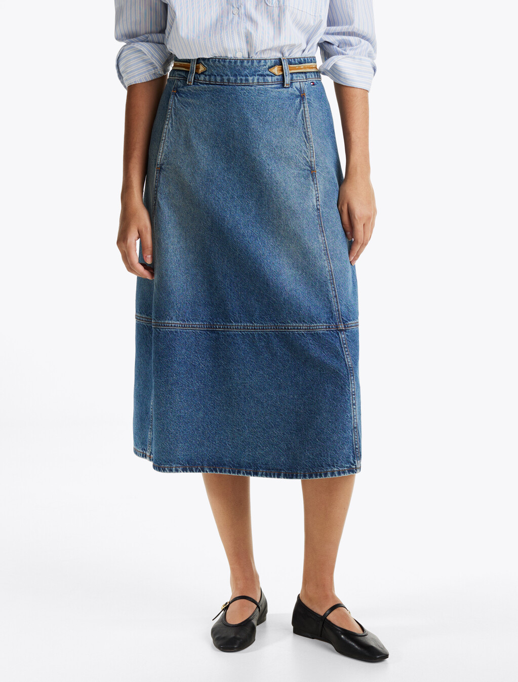 Leather Detail Denim A-Line Midi Skirt, Bo, hi-res
