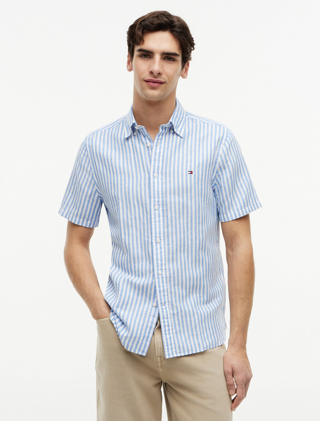 Regular Linen Blend Bengal Stripe Short Sleeve Shirt, Blue Spell / Stripe, hi-res