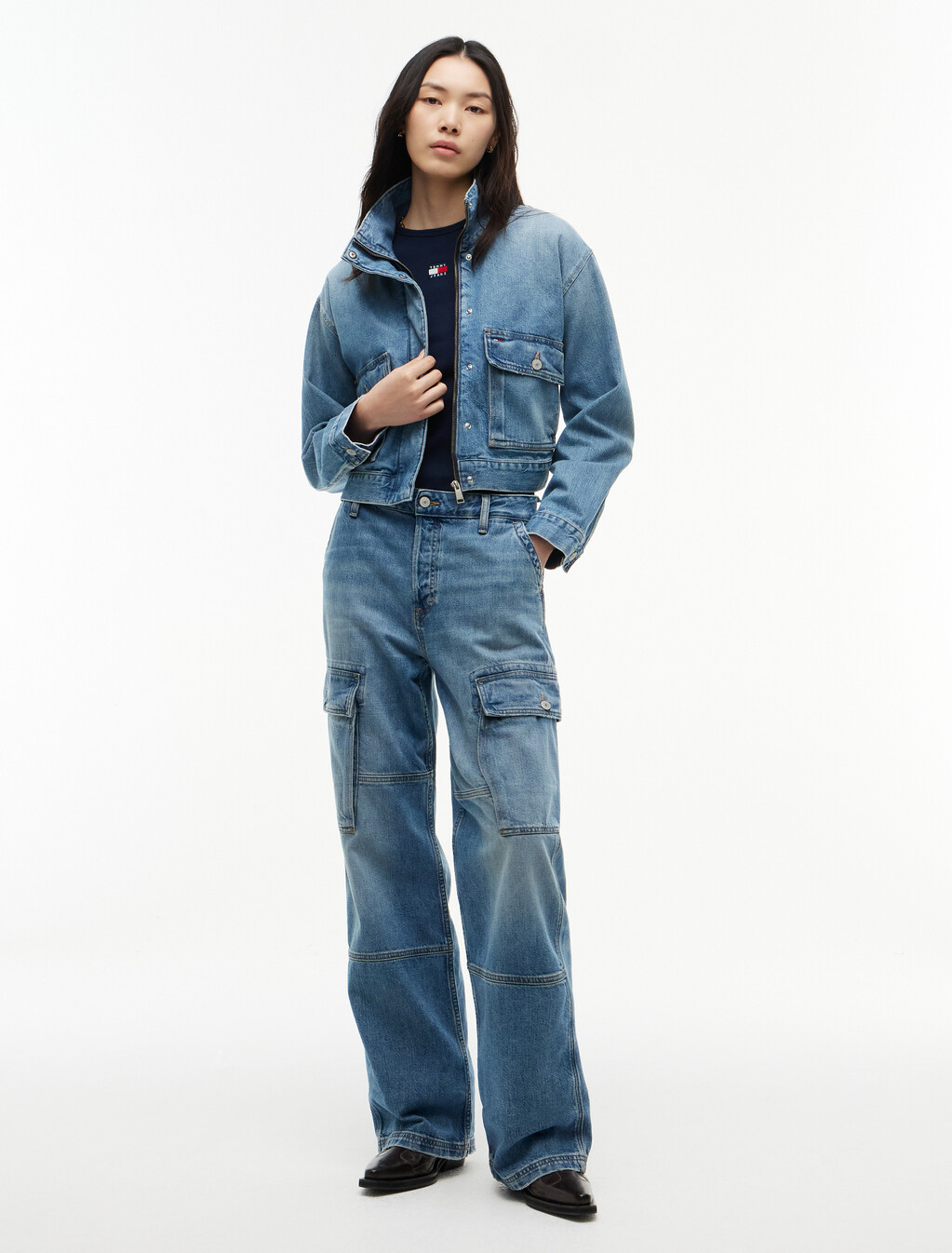 Mia Mid Rise Relaxed Straight Cargo Jeans, Denim Medium, hi-res