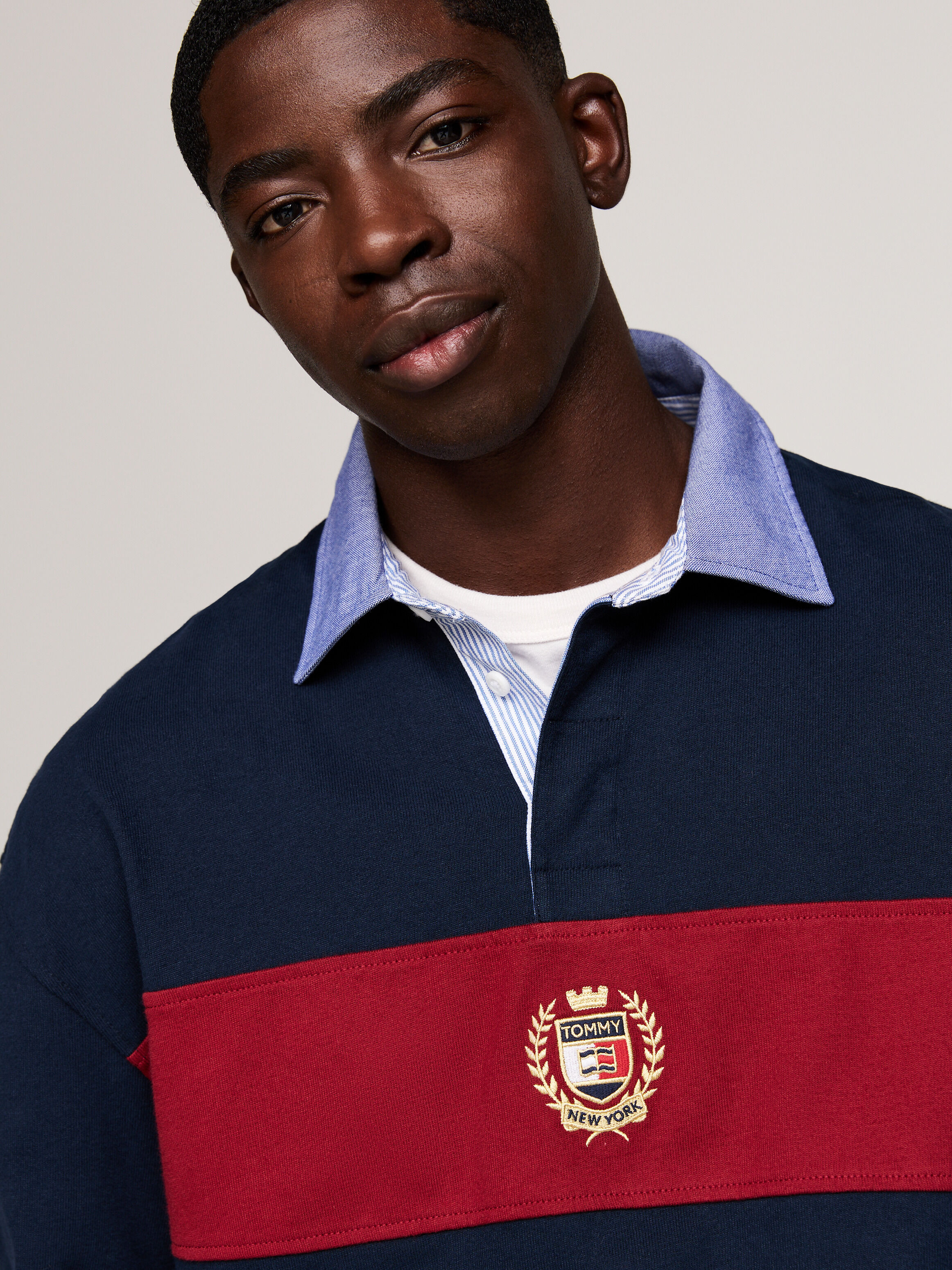Tommy Jeans colorblock crest rugby top in navy size S