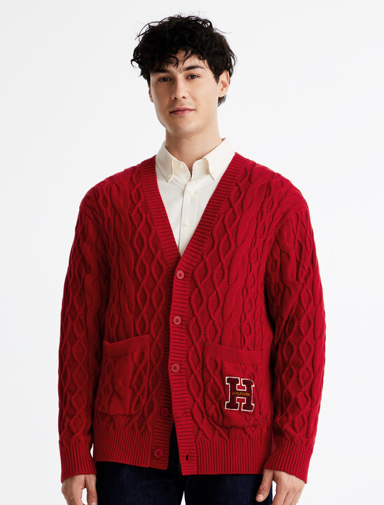 Cable Knit Letterman Applique Cardigan