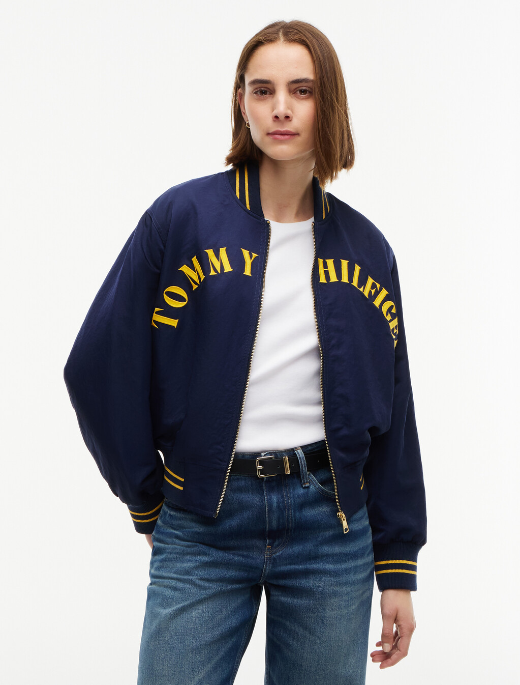 Arch Logo Satin Relaxed Varsity Jacket, Dark Blue, hi-res