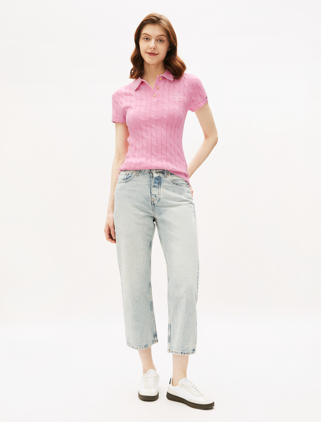 Asia Fit Cable Knit Slim Polo, Classic Pink, hi-res