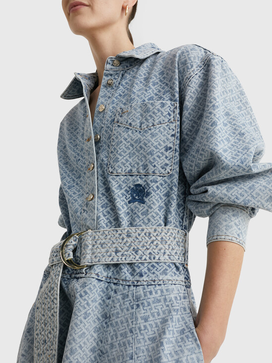 CREST MONOGRAM RELAXED FIT DENIM DRESS