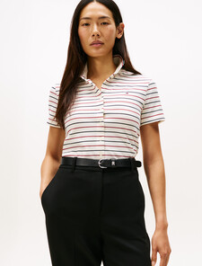 Tipped Slim Button Down Polo, Multi Stripe Ivory/Red/Navy, hi-res