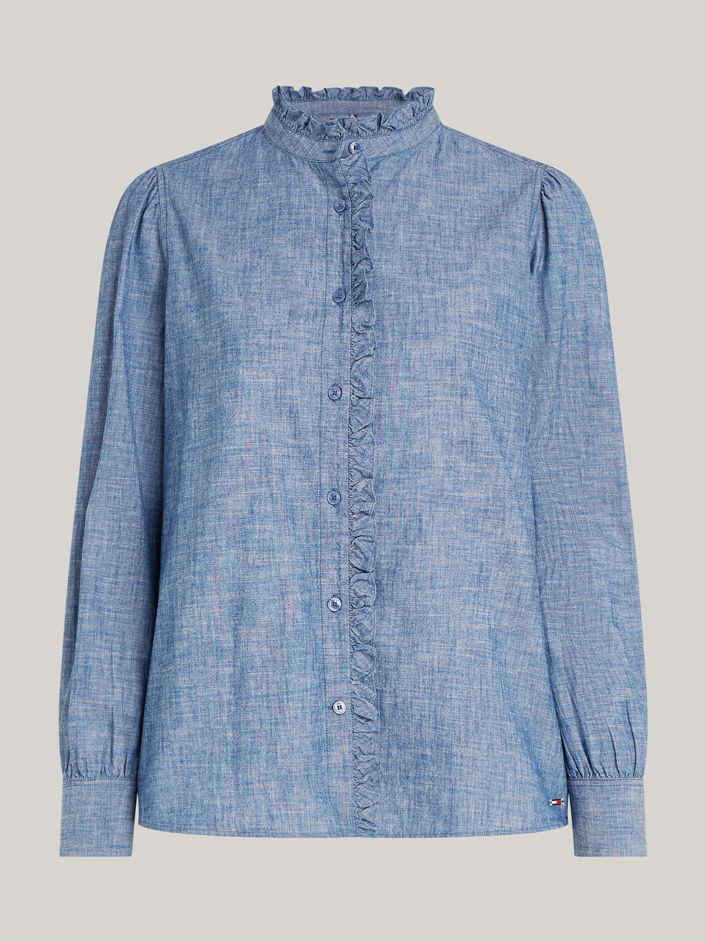 Ruffle Relaxed Chambray Shirt, Mid Blue Chambray, hi-res