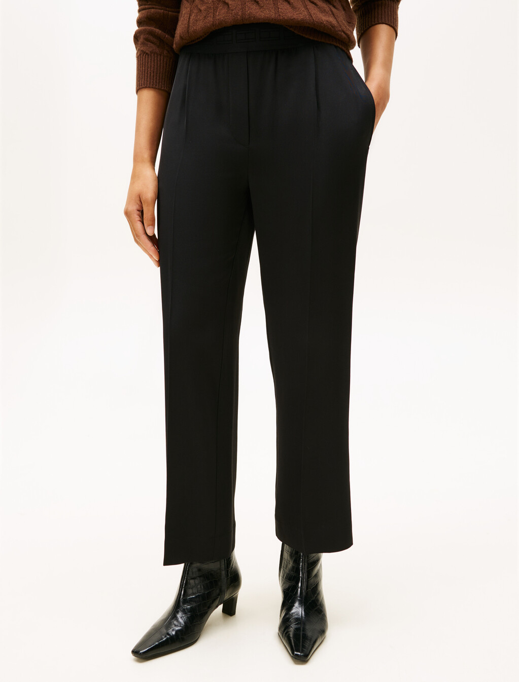 Viscose Twill Pull On Wide Leg Pant, Black, hi-res