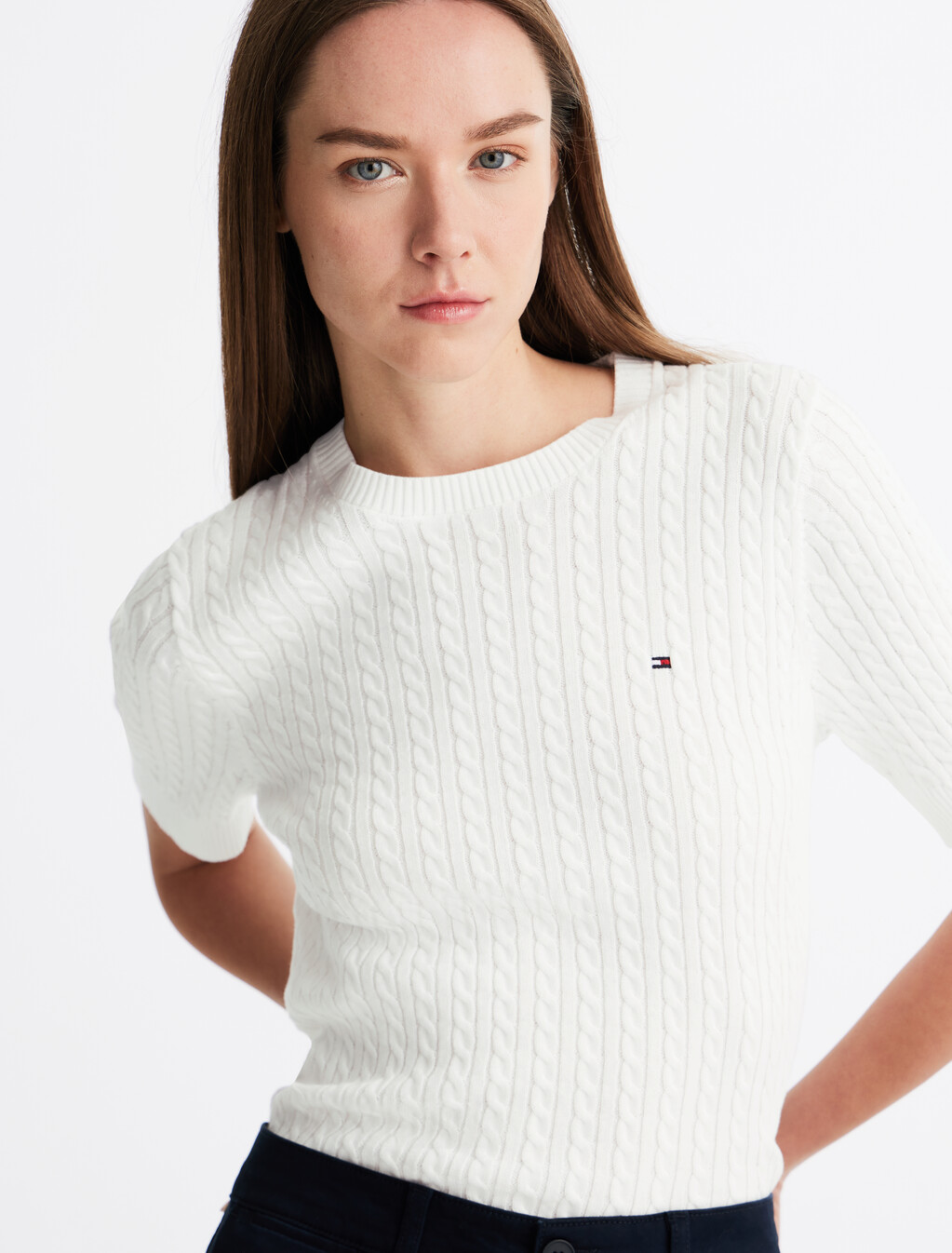 Cable Knit Short Sleeve Sweater, Ecru, hi-res