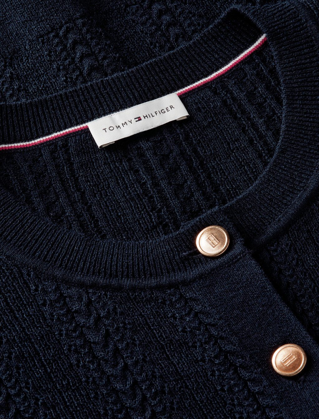 Pointelle Gold-Tone Button Short Sleeve Cardigan, Dark Night Navy, hi-res