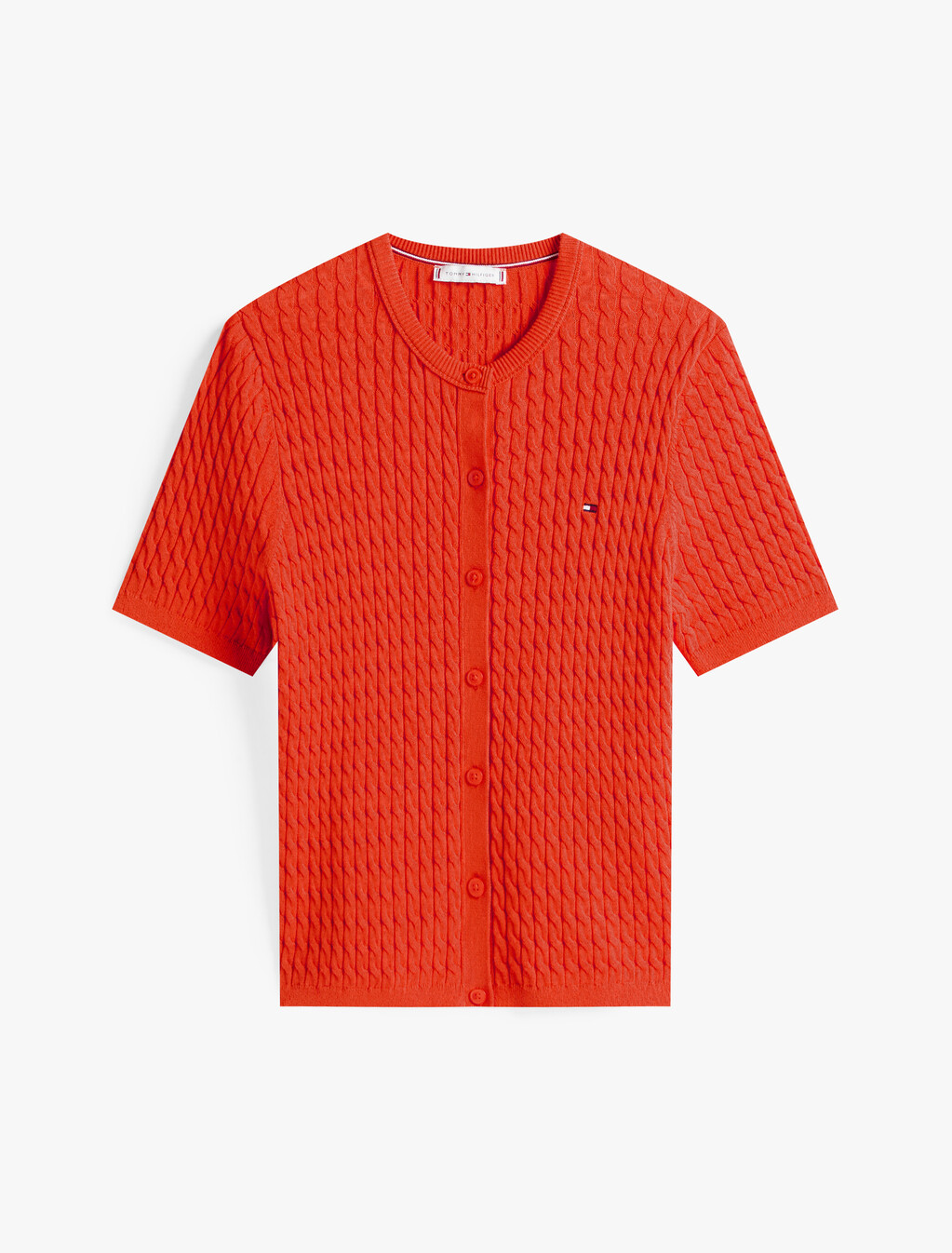 Cable Knit Round Neck Cardigan, Brilliant Orange, hi-res