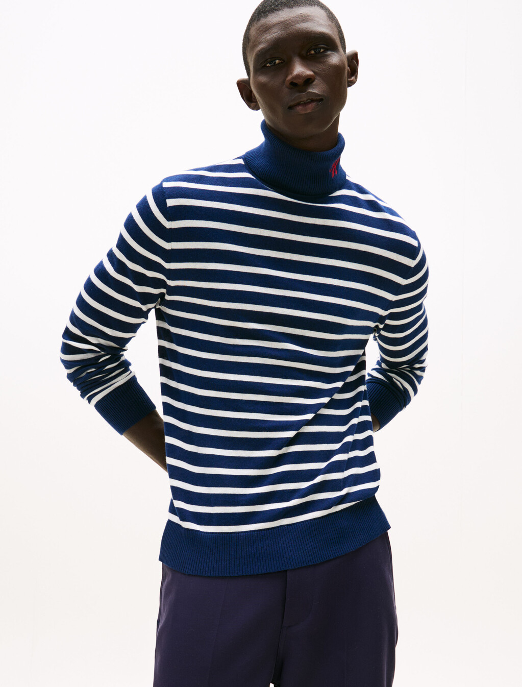 The Runway Collection Turtleneck Jumper With Cashmere, Carbon Navy / Ecru Stripe, hi-res