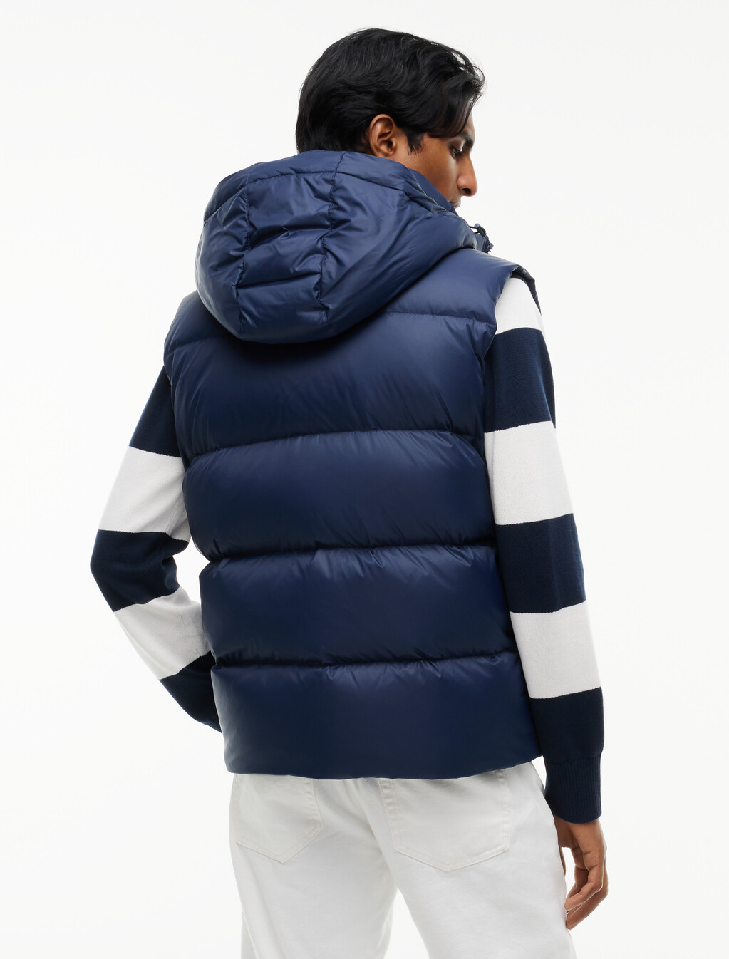 Down Hooded Zip-Thru Vest, Dark Night Navy, hi-res