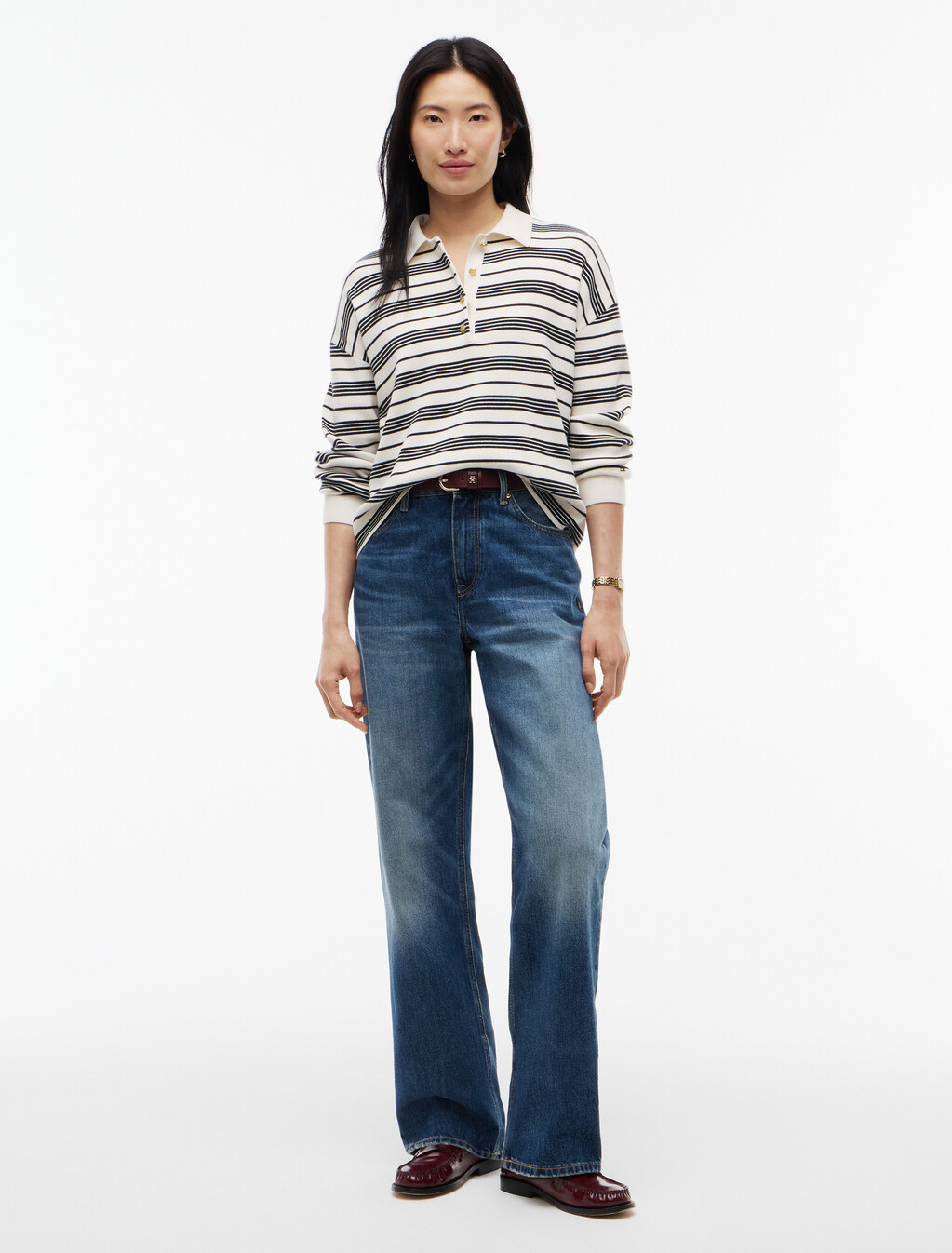 Premium Knit Gold-Tone Button Polo Jumper, Broken Stripe Ecru / Black, hi-res