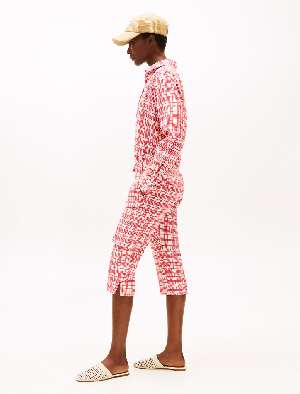 The Runway Collection Slim Check Cargo Trousers, Cream/Red Check, hi-res