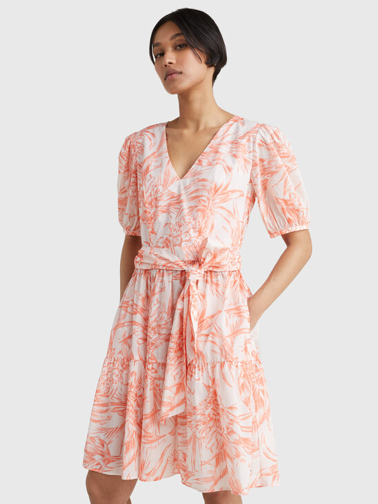 VOILE PRINT V NECK DRESS