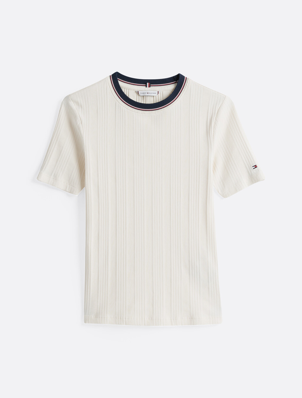 Rib-Knit Contrast Collar Slim T-Shirt, Calico, hi-res
